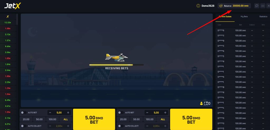 Full crash game interface: balance, bets, multiplier history and the flight field